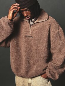 SUMWON Oversized Sherpa Half-Zip Sweatshirt With Embroidered Logo Fluffy Fleece Pullover Cozy Winter Essential - Coffee Brown - View 5