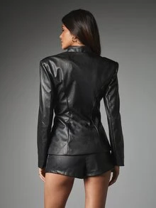 MISSGUIDED Faux Leather Fitted Blazer With Stand Collar Gold Button Closure Structured Shoulders Hip Length Fall Winter Party Night Out - Black - View 2