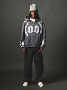 SUMWON Oversized Full-Zip Hoodie With Gothic Logo Front Print Star Sleeve Detail Acid Washed Finish Fall Winter Streetwear - Grey - View 3