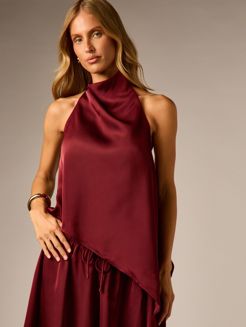 AiiRZ Satin Halter Neck Blouse And Wide Leg Balloon Pants Co-Ord Set With Asymmetric Hem And Elasticated Ankle Detail
