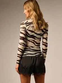 AiiRZ Tiger Print Mesh Long Sleeve Crew Neck Fitted Top Animal Print Semi Sheer Layering Style Spring Summer Festival Top - Black and White - View 3