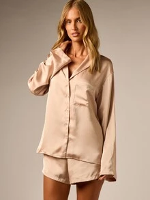 AiiRZ Satin Pajama Co-Ord Set Oversized Long Sleeve Button-Up Shirt And Mini Shorts With Elastic Waist And Pockets - Pink - View 1