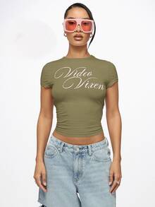 SUMWON WOMEN Fitted Crop Top With Cursive Video Vixen Script Print, Round Neck Short Sleeve Cotton Stretch Baby Tee, Spring Summer Essential - Khaki - View 10