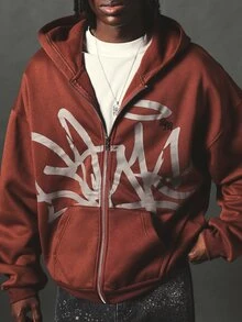 SUMWON Oversized Full-Zip Hoodie With Graffiti Tag Print Long Sleeve Urban Streetwear Fleece Jacket Fall Winter Casual Outerwear - Brown - View 5