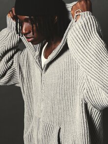 SUMWON Hoodie Rajut Tebal Ukuran Besar dengan Resleting Penuh, Tudung, dan Kantong Samping, Lengan Panjang dengan Hem Bertekstur, Cocok untuk Musim Dingin dan Gugur. - Grey - View 6