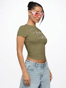 SUMWON WOMEN Fitted Crop Top With Cursive Video Vixen Script Print, Round Neck Short Sleeve Cotton Stretch Baby Tee, Spring Summer Essential - Khaki - View 3
