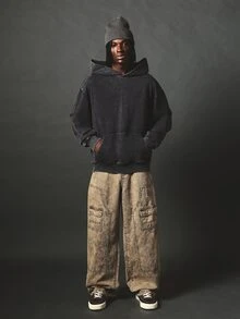 SUMWON Oversized Acid Washed Hoodie With Eagle Shield Graphic Back Print Pullover Vintage Style Unisex Sweatshirt Fall Winter Streetwear - Dark Grey - View 3