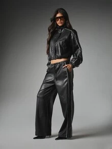 MISSGUIDED 人造皮革寬腿長褲，白色對比滾邊抽繩彈性腰頭，側邊口袋，全長，適合度假派對 - 黑色 - 查看 3