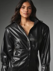 MISSGUIDED Faux Leather Mini Shirt Dress With Long Puff Sleeves Collared Neckline Button Front Cinched Elastic Waist Party Night Out - Black - View 5