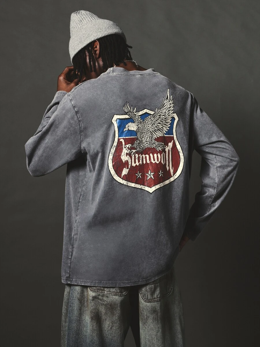 SUMWON Oversized Washed Long Sleeve Crew Neck Tee With Eagle Shield Back Graphic Print Vintage Style - Grey - View 1
