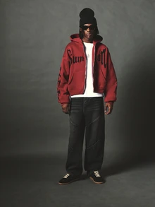 SUMWON Oversized Full-Zip Hoodie With Gothic Text Front Print And Sleeve Graphic Long Sleeve Fleece Sweatshirt Fall Winter - Red Violet - View 3