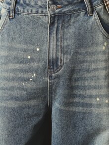SUMWON Baggy Wide Leg Jeans With Paint Splatter Detail Medium Wash Distressed Denim Pants Vintage Street Style Fall Winter - Light Wash - View 5