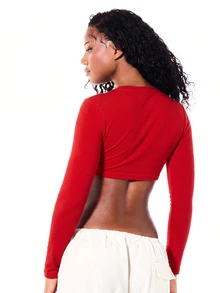 SUMWON WOMEN Long Sleeve Deep V-Neck Crop Top With Script Print Front Twist Detail Ultra Cropped Midriff Baring Party Top - Red - View 2