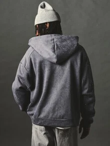 SUMWON Oversized Full-Zip Washed Hoodie With Rhinestone Embellished Sleeves And Chest Logo Badge Detail - Dark Grey - View 2