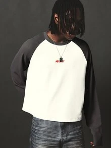 SUMWON Cropped Raglan Long Sleeve Tee Color Block Waffle Knit Crew Neck Boxy Fit Top With Contrast Charcoal Sleeves And Logo Print - Multicolor - View 1