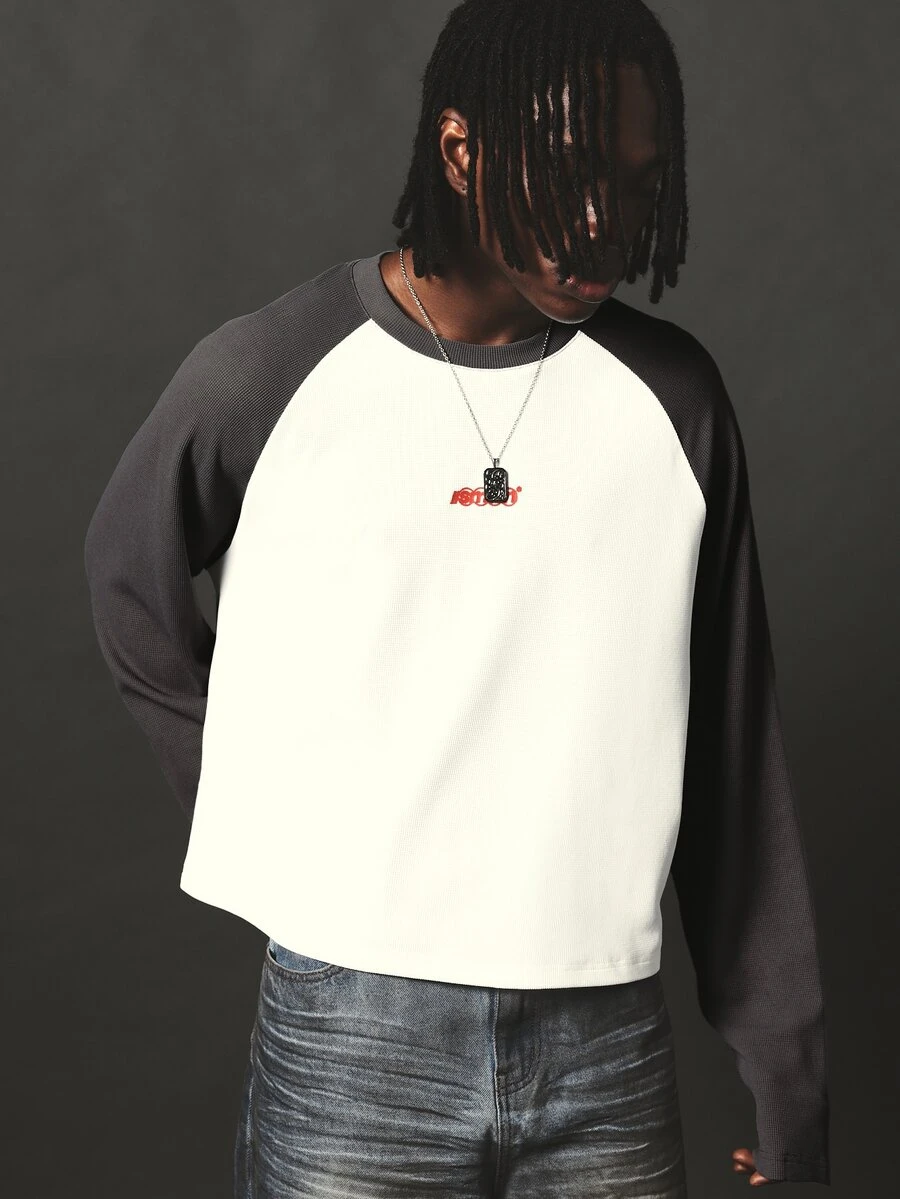 SUMWON Cropped Raglan Long Sleeve Tee Color Block Waffle Knit Crew Neck Boxy Fit Top With Contrast Charcoal Sleeves And Logo Print - Multicolor - View 1