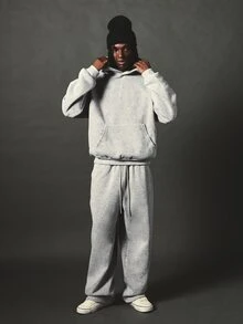 SUMWON Oversized Pullover Hoodie With Large Back Applique Gothic Script Logo Light Grey Marl Fleece Sweatshirt Fall Winter - Grey - View 3