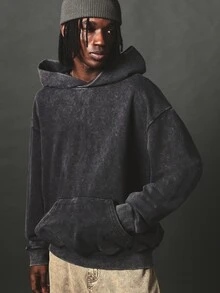 SUMWON Oversized Acid Washed Hoodie With Eagle Shield Graphic Back Print Pullover Vintage Style Unisex Sweatshirt Fall Winter Streetwear - Dark Grey - View 4