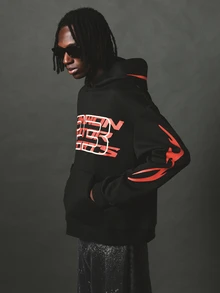 SUMWON Motorsport Oversized Hoodie With Bold Front Graphic Print And Flame Sleeve Detail - Black - View 4