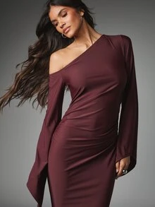MISSGUIDED Gaun Bodycon Berkerut Satu Bahu dengan Lengan Lonceng, Gaun Malam Lengan Panjang Elegan untuk Pesta Musim Gugur dan Musim Dingin - Redwood - View 4