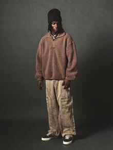 SUMWON Oversized Sherpa Half-Zip Sweatshirt With Embroidered Logo Fluffy Fleece Pullover Cozy Winter Essential - Coffee Brown - View 3