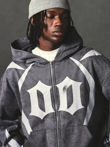 SUMWON Oversized Full-Zip Hoodie With Gothic Logo Front Print Star Sleeve Detail Acid Washed Finish Fall Winter Streetwear - Grey - View 6
