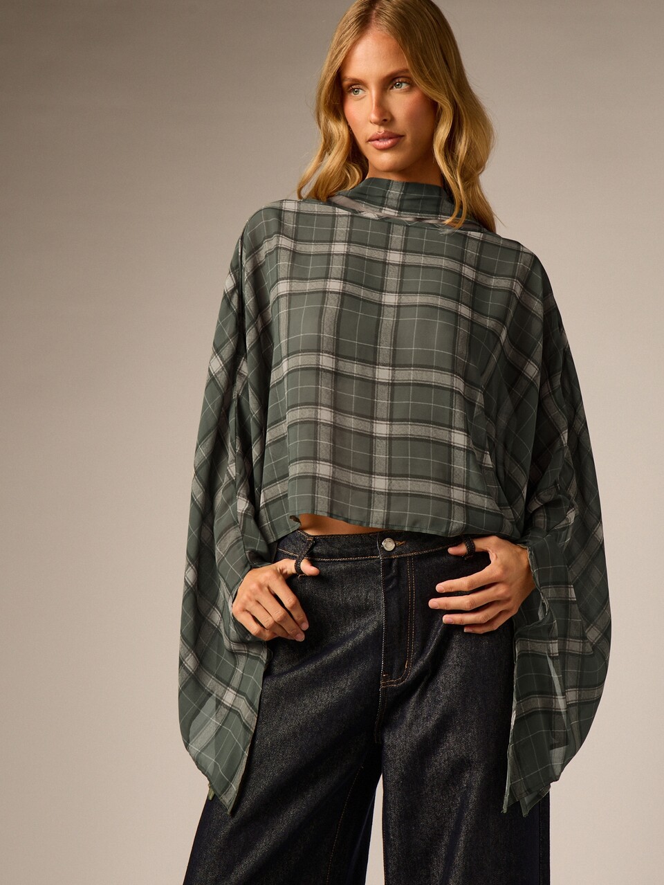 AiiRZ Plaid High Neck Cape Top With Batwing Sleeves