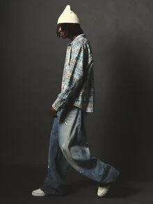 SUMWON Baggy Wide Leg Jeans With Paint Splatter Detail Medium Wash Distressed Denim Pants Vintage Street Style Fall Winter - Light Wash - View 2