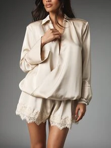 MISSGUIDED Satin Lace Trim Jumpsuit Collared Wrap Blouse Long Sleeve Luxe Loungewear Bridal Party Valentine - Apricot - View 5