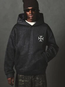 SUMWON Oversized Washed Hoodie With Gothic Cross Logo Chest Print And Warrior Statue Back Graphic Streetwear Pullover Fall Winter - Black - View 2
