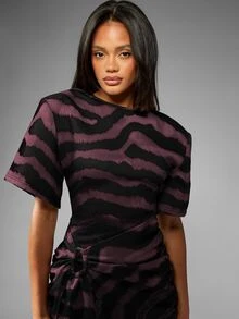 MISSGUIDED Tiger Print Ruched Mini Dress With High Low Hem Short Sleeve Round Neck Gathered Waist Party Holiday Night Out Dress - Burgundy - View 3