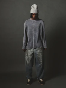SUMWON Oversized Washed Long Sleeve Crew Neck Tee With Eagle Shield Back Graphic Print Vintage Style - Grey - View 3