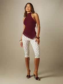 MISSGUIDED Halter Neck Lace Trim Top With Open Back And Mock Neck Perfect For Date Night And Holiday Party - Burgundy - View 4