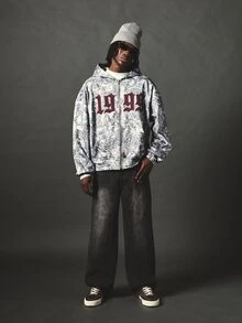 SUMWON 1999 Oversized Full-Zip Hoodie With Abstract Botanical AOP Print And Burgundy Old English Applique Text Front And Back - Multicolor - View 3