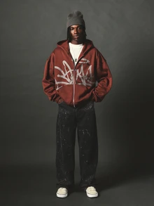 SUMWON Oversized Full-Zip Hoodie With Graffiti Tag Print Long Sleeve Urban Streetwear Fleece Jacket Fall Winter Casual Outerwear - Brown - View 3
