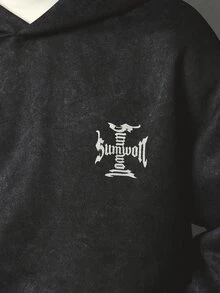SUMWON Oversized Washed Hoodie With Gothic Cross Logo Chest Print And Warrior Statue Back Graphic Streetwear Pullover Fall Winter - Black - View 6