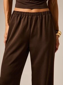 AiiRZ Celana Panjang Kasual Lebar dengan Pinggang Elastis dan Saku Samping, Model Palazzo yang Longgar untuk Musim Gugur dan Musim Dingin - Coffee Brown - View 4