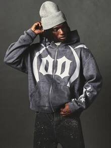 SUMWON Oversized Full-Zip Hoodie With Gothic Logo Front Print Star Sleeve Detail Acid Washed Finish Fall Winter Streetwear - Grey - View 1