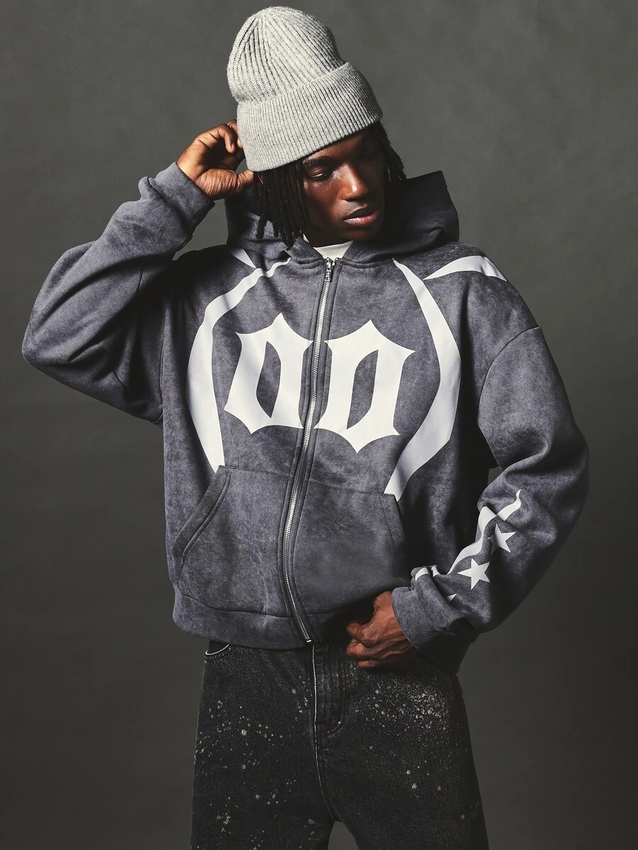 SUMWON Oversized Full-Zip Hoodie With Gothic Logo Front Print Star Sleeve Detail Acid Washed Finish Fall Winter Streetwear - Grey - View 1