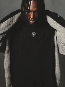 SUMWON Oversized Color Block Knit Sweater With Cursive Script Sleeve Embroidery Crew Neck Long Sleeve Chunky Streetwear Pullover Fall Winter - Black - View 4