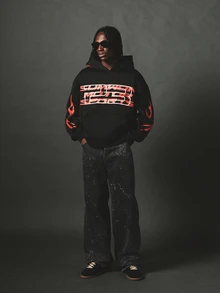 SUMWON Motorsport Oversized Hoodie With Bold Front Graphic Print And Flame Sleeve Detail - Black - View 3