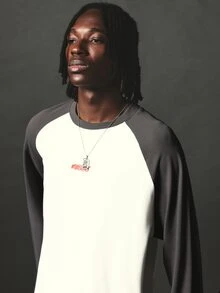 SUMWON Cropped Raglan Long Sleeve Tee Color Block Waffle Knit Crew Neck Boxy Fit Top With Contrast Charcoal Sleeves And Logo Print - Multicolor - View 4