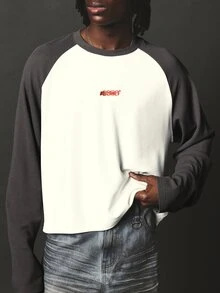 SUMWON Cropped Raglan Long Sleeve Tee Color Block Waffle Knit Crew Neck Boxy Fit Top With Contrast Charcoal Sleeves And Logo Print - Multicolor - View 5