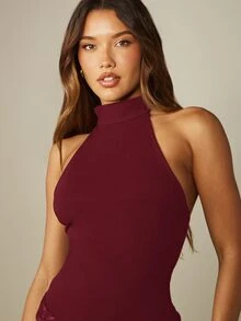 MISSGUIDED Halter Neck Lace Trim Top With Open Back And Mock Neck Perfect For Date Night And Holiday Party - Burgundy - View 5