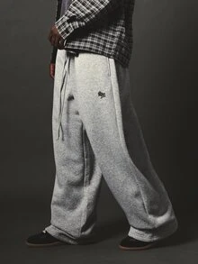 SUMWON Wide Leg Fleece Sweatpants With Embroidered Logo Drawstring Waist Relaxed Fit Streetwear Trousers Fall Winter Casual Loungewear - Grey - View 1