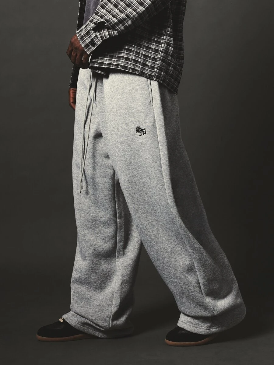 SUMWON Wide Leg Fleece Sweatpants With Embroidered Logo Drawstring Waist Relaxed Fit Streetwear Trousers Fall Winter Casual Loungewear - Grey - View 1
