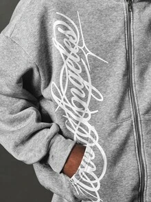 SUMWON Oversized Full-Zip Hoodie With Script Logo Print And Side Pockets Casual Fleece Sweatshirt For Fall Winter - Grey - View 6
