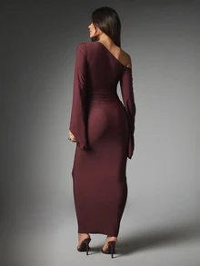 MISSGUIDED Gaun Bodycon Berkerut Satu Bahu dengan Lengan Lonceng, Gaun Malam Lengan Panjang Elegan untuk Pesta Musim Gugur dan Musim Dingin - Redwood - View 2
