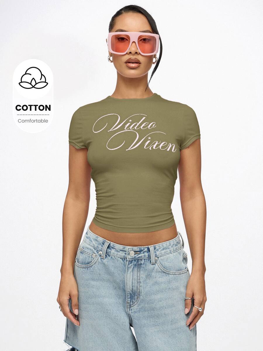 SUMWON WOMEN Fitted Crop Top With Cursive Video Vixen Script Print, Round Neck Short Sleeve Cotton Stretch Baby Tee, Spring Summer Essential - Khaki - View 1