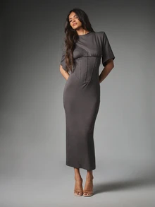 MISSGUIDED Corset Style Bodycon Midi Dress With Crew Neck Short Boxy Sleeves And Back Slit Elegant Evening Party Night Out - Dark Grey - View 3
